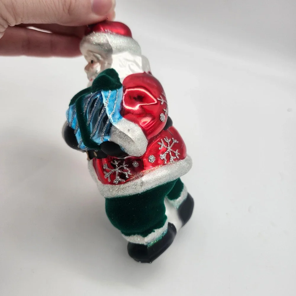 Vintage Style Glass Santa Ornament Red Coat Green Flocked‎ Pants Gift Bag